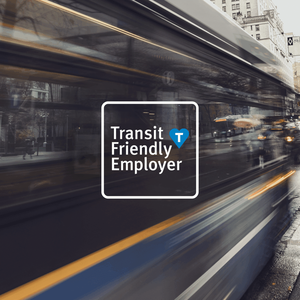 Bus moving with Transit Friendly Employer logo