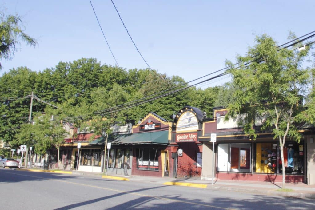 Street view of Langley, BC, showing one-story shops including 'Saigon Alley' and 'Gasoline Alley,' with trees, power lines, and a clear sky.