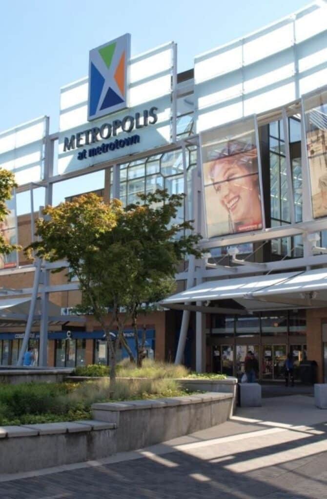 Entrance of Metropolis at Metrotown shopping mall on a sunny day in Burnaby, B.C., Canada.