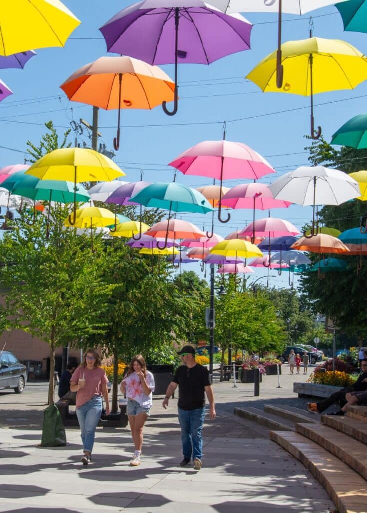 People walking along a sunny sidewalk path under a canopy of colorful hanging umbrellas, with trees and buildings nearby at McBurney Plaza in Langley, B.C., Canada.