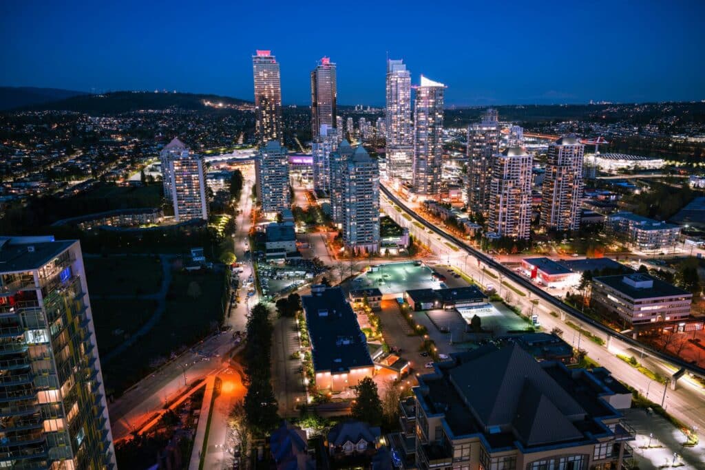 Aerial nighttime image of the Brentwood neighbourhood in Burnaby, B.C., Canada