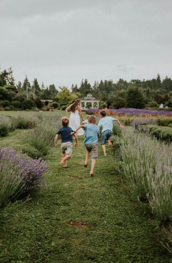 Kids running through Field of flowers in Abbotsford B.C.