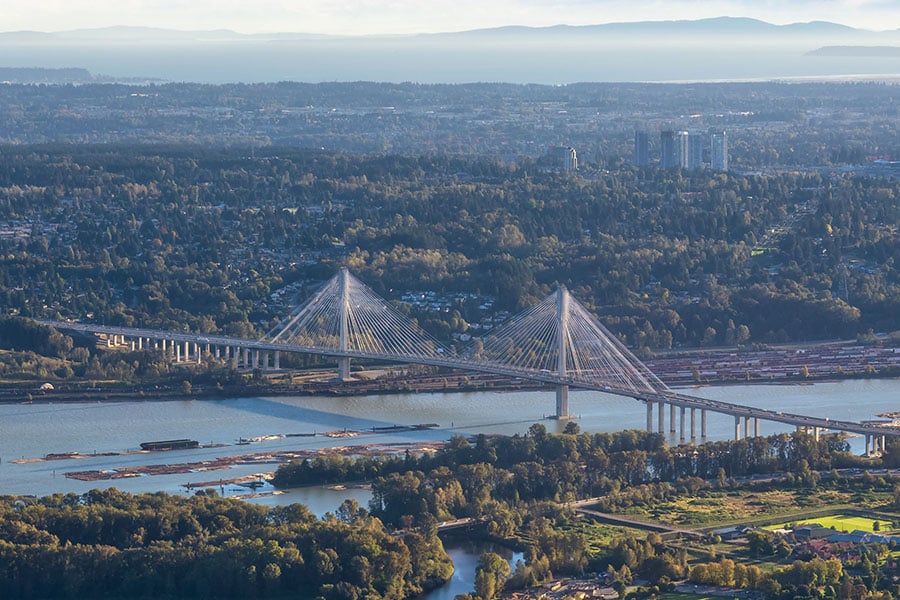 Aerial shot of the Port Mann Bridge.
