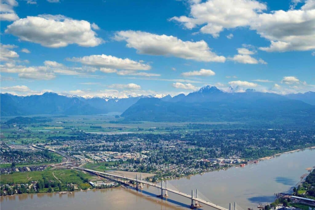 Aerial view of Golden Ears Bridge and the Fraser River.
